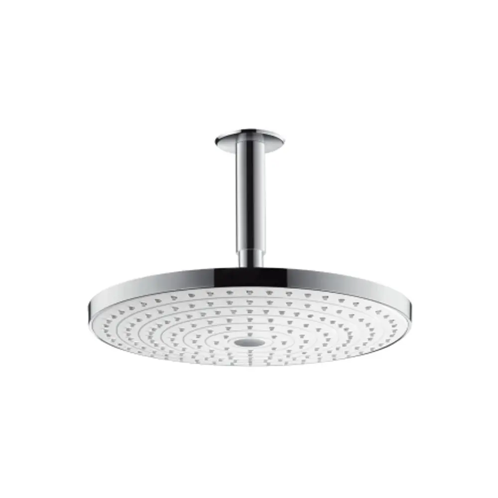 Hansgrohe Duschkopf mit Deckenanschluss, runde Form und gleichmäßig angeordneten Düsen. Oberfläche in Weiß und Chrom.